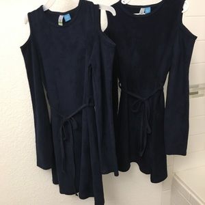 2 dark blue faux suede dresses w cut out shoulders